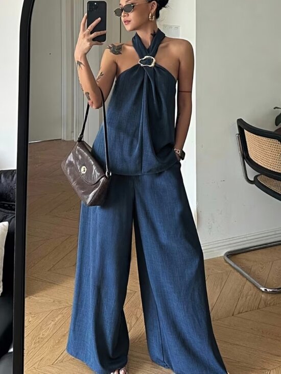 Pants - Two-Piece Vintage Coin Embellished Backless Halter Top And Wide-Leg Pants Set